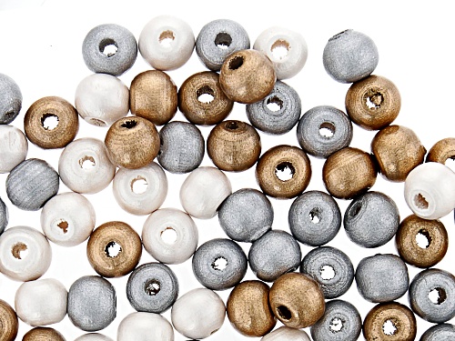 Wooden Gold Color, Silver Color & White Round appx 8-12mm Bead Parcel 360 Beads Total