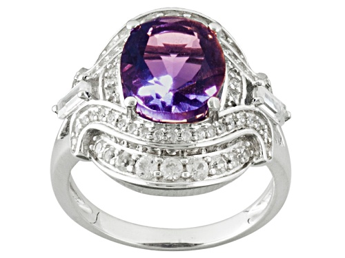 4.53ctw Oval Color Change Fluorite With 1.18ctw Baguette And Round White Zircon Sterling Silver Ring - Size 11