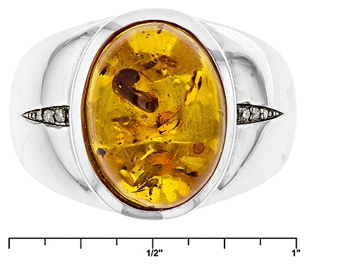16x12mm Cabochon Amber With .03ctw  Champagne Diamond Accent Rhodium Over Silver Gents Ring - Size 12