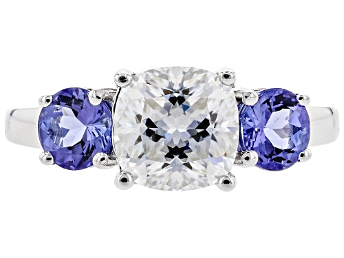 Moissanite Fire® 2.00ct Dew Cushion Cut And 1.04ctw Round Tanzanite Platineve™ Ring - Size 6