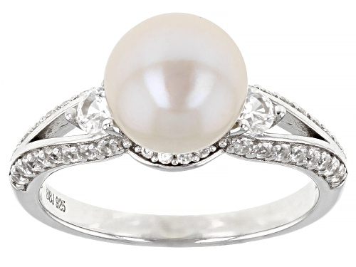 8.5mm White Cultured Freshwater Pearl & White Zircon Rhodium Over Sterling Silver Ring Set - Size 10