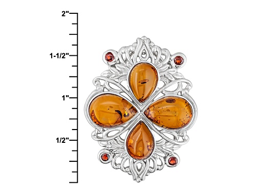 Pear Shape Orange Polish Amber With .62ctw Round Vermelho Garnet™ Silver Pendant With Chain