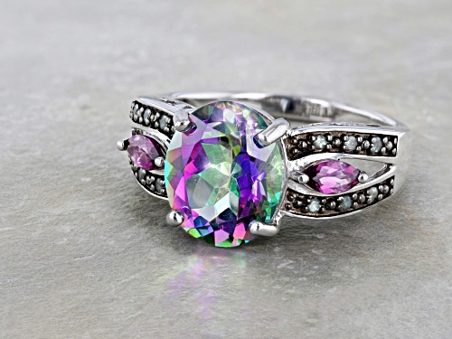 5.17ctw Mystic Fire® Green Topaz, Orissa Alexandrite and Rhodolite Rhodium Over Sterling Silver Ring - Size 9