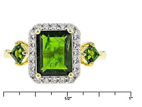 2.71ctw Emerald Cut & Square Russian Chrome Diopside, .54ctw White Zircon 18k Gold Over Silver Ring - Size 11