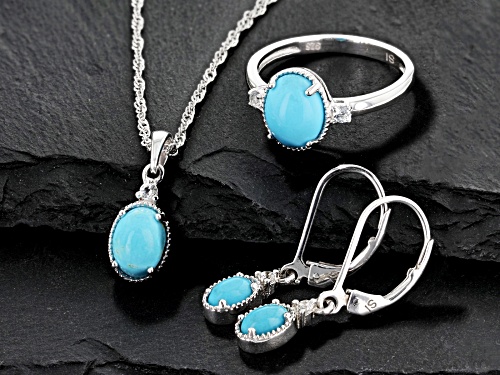 Sleeping Beauty Turquoise And .16ctw White Topaz Rhodium Over Silver Ring, Pendant, And Earring Set