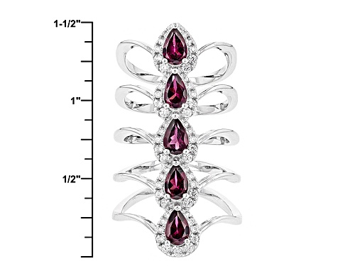 2.38ctw Pear Shape Raspberry color Rhodolite, .44ctw Round Zircon Silver 5-Stone, 5-Band Ring - Size 8