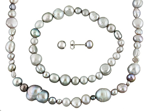 6-7mm Multi-Color Cultured Freshwater Pearl Rhodium Over Silver (4) Necklace, Bracelet, Earring Sets