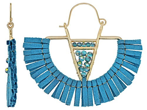 Off Park ® Collection, Round Blue Crystal, Gold Tone, Fan Tassel Earrings and Necklace Set.