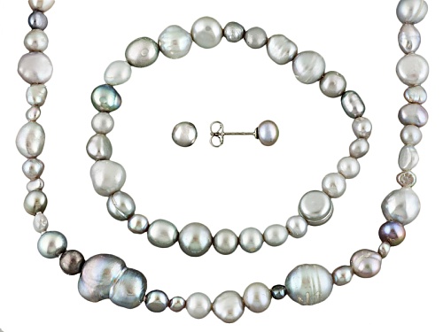 Pre-Owned 6-7mm Multi-Color Cultured Freshwater Pearl Rhodium Over Silver (4) Necklace, Bracelet, Ea