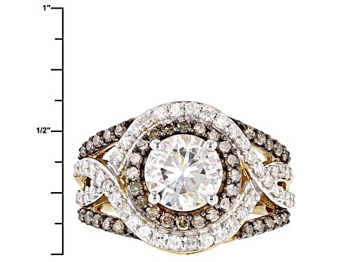 Pre-Owned Moissanite Fire® 2.53ctw Dew And .60ctw Champagne Diamond 14k Yellow Gold Over Silver Ring - Size 7