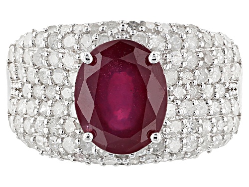 Pre-Owned 2.98ct Oval Mahaleo® Ruby With 1.14ctw Round White Diamond Rhodium Over Sterling Silver Ri - Size 8