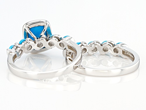 Pre-Owned Rectangular Cushion & Round Sleeping Beauty Turquoise Rhodium Over Silver Set of 2 Rings - Size 9