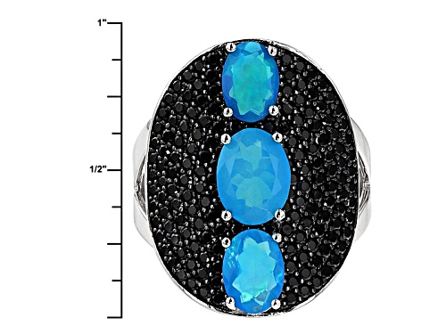 Pre-Owned 1.51ctw Oval Blue Opal With 1.82ctw Round Black Spinel Sterling Silver Ring - Size 4