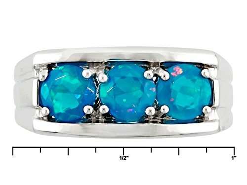 Pre-Owned 1.02ctw Round Paraiba Color Blue Ethiopian Opal Sterling Silver Mens 3-Stone Ring - Size 13
