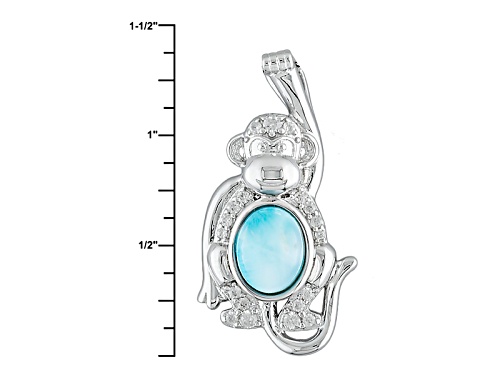 10x5mm Oval Cabochon Larimar And .44ctw Round White Zircon Sterling Silver Monkey Pendant With Chain