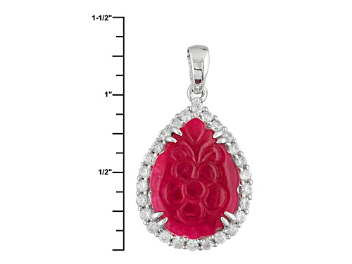 20x15mm Hand Carved Red Onyx With 1.30ctw White Zircon Rhodium Over Silver Floral Pendant With Chain