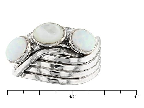 4-6mm White Mother-Of-Pearl With 0.5ctw Lab-Created Opal Rhodium Over Silver Ring - Size 5
