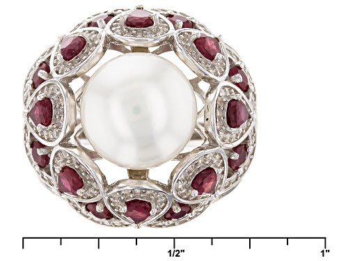 11.5-12mm Cultured Freshwater Pearl/Mahaleo Ruby/Zircon Rhodium Over Silver Ring - Size 12