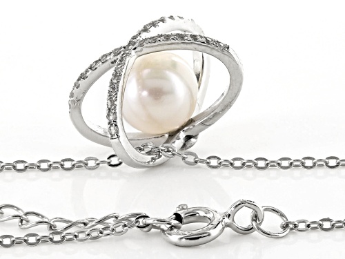 7.5-8mm Cultured Japanese Akoya Pearl With 0.19ctw Topaz Rhodium Over Silver Pendant With 18