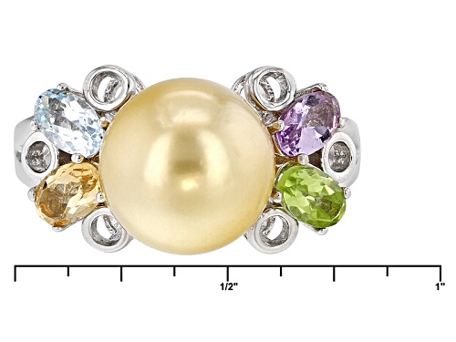 9-10mm Golden Cultured South Sea Pearl & Multigem Rhodium Over Sterling Silver Ring - Size 10