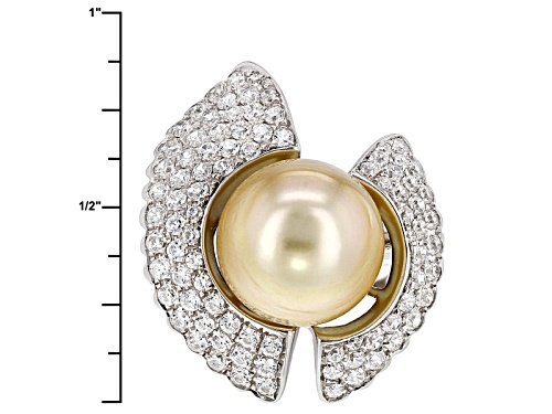 10mm Golden Cultured South Sea Pearl With .70ctw White Zircon Rhodium Over Sterling Silver Ring - Size 11