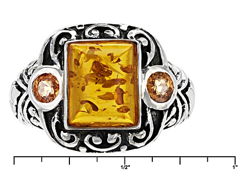 1.10ct Rectangular Cabochon Amber And .54ctw Round Mandarin Sterling Silver Ring - Size 7