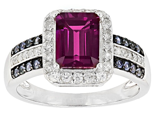 1.75CT EMERALD CUT LAB ALEXANDRITE WITH .12CTW LAB BLUE SPINEL AND .41CTW WHITE ZIRCON SILVER RING - Size 7