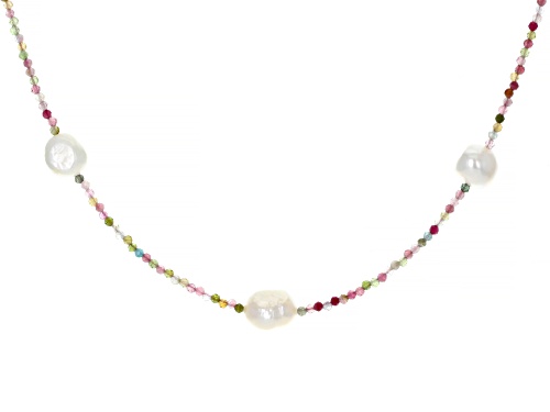 8.5-9.5mm Cultured Freshwater Pearl & Multi-Tourmaline Rhodium Over Silver Necklace Set
