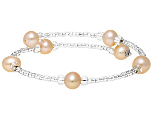 6-7mm Light Multi-Color Cultured Freshwater Pearl And Glass Bead Sterling Silver Bangle Set
