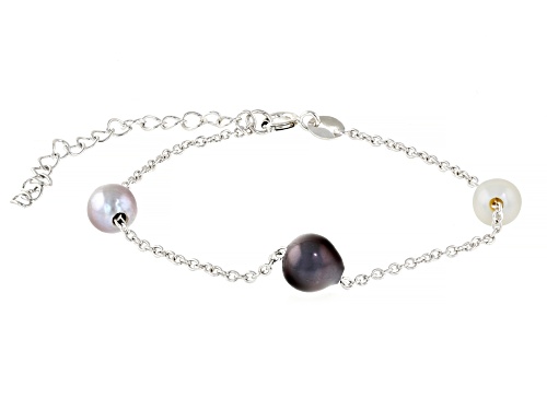 6-8mm Multicolor Cultured Freshwater Pearl Rhodium Over Silver Necklace, Earring, Bracelet Set