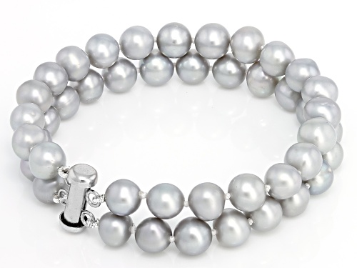 7.5-8.5mm Platinum Cultured Freshwater Pearl Rhodium Over Sterling Silver Bracelet and Necklace Set