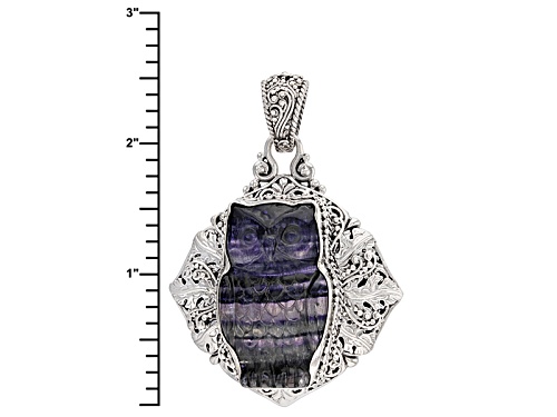 Artisan Gem Collection Of Bali™ 35x21mm Fancy Carved Puple Fluorite Owl Sterling Silver Pendant