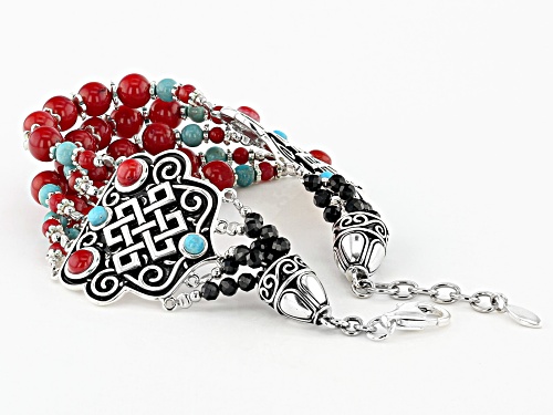 Global Destinations™ Coral, Turquoise, & Black Spinel Rhodium Over Silver Multi-Strand Bead Bracelet - Size 7.25