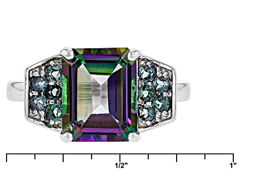 3.30ct Emerald Cut Multi-Color Green Topaz With .32ctw Round Lab Created Alexandrite Silver Ring - Size 8