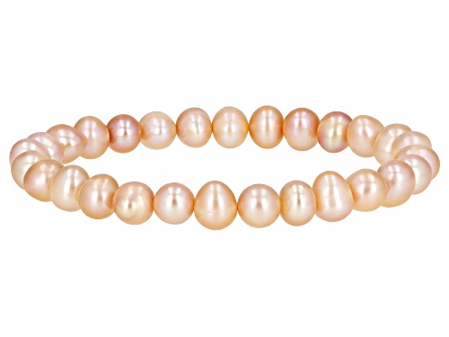 7-7.5mm Peach Cultured Freshwater Pearl Rhodium Over Silver Necklace, Stretch Bracelet, Earrings Set