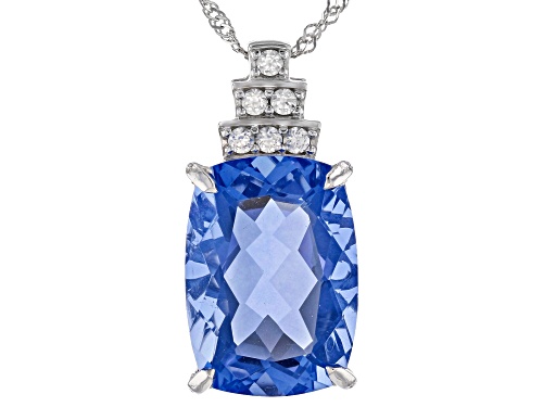 17.00ct Color Change Blue Fluorite With .35ctw White Zircon Rhodium Over Silver Pendant With Chain