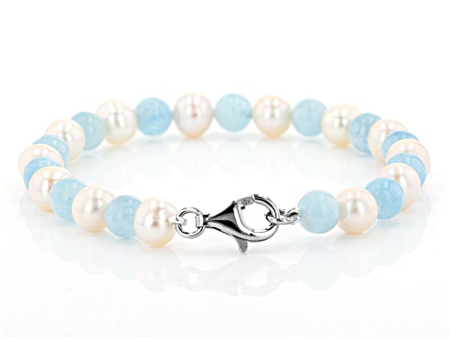 White Cultured Freshwater Pearl & Aquamarine Rhodium Over Silver Necklace, Bracelet, & Earrings Set