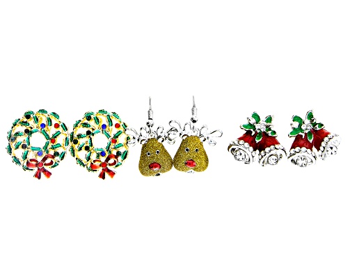 Off Park ® Collection, Multi-Color Crystal, Gold & Silver Tone Set Of 12 Christmas Theme Earrings