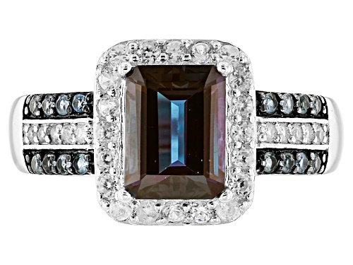 1.75CT EMERALD CUT LAB ALEXANDRITE WITH .12CTW LAB BLUE SPINEL AND .41CTW WHITE ZIRCON SILVER RING - Size 11
