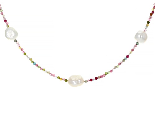8.5-9.5mm Cultured Freshwater Pearl & Multi-Tourmaline Rhodium Over Silver Necklace Set