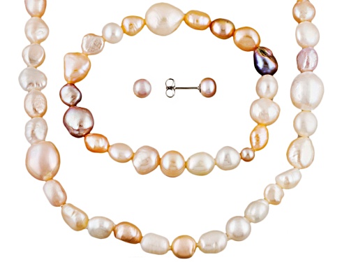 6-7mm Multi-Color Cultured Freshwater Pearl Rhodium Over Silver (4) Necklace, Bracelet, Earring Sets