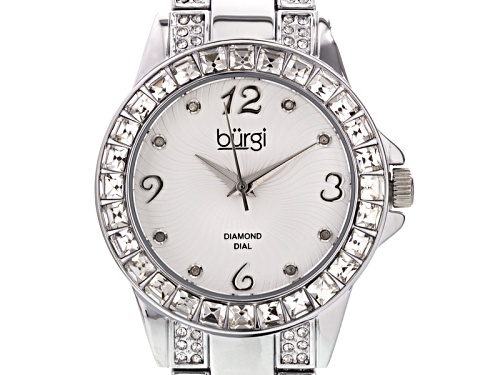 Burgi Ladies White Crystal Silver Tone Watch Set Of 2