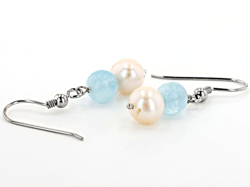 White Cultured Freshwater Pearl & Aquamarine Rhodium Over Silver Necklace, Bracelet, & Earrings Set