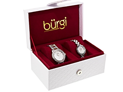 Burgi Ladies White Crystal Silver Tone Watch Set Of 2