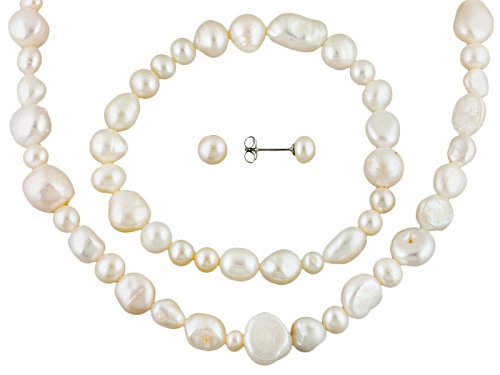 6-7mm Multi-Color Cultured Freshwater Pearl Rhodium Over Silver (4) Necklace, Bracelet, Earring Sets