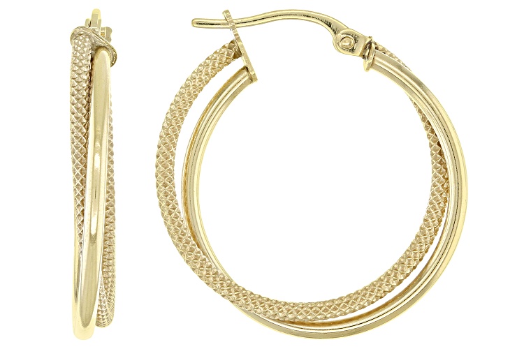 10K Yellow Gold 20MM Polished Textured Double Round Tube Hoop