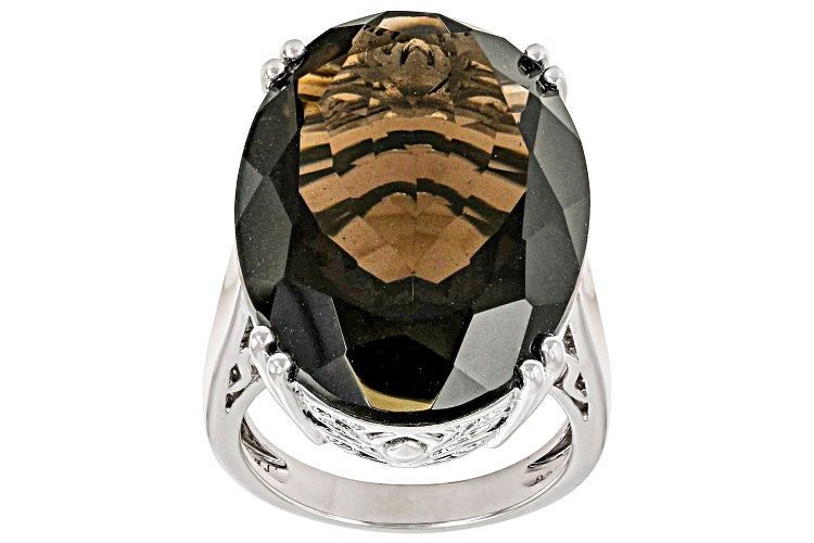21.25ct Oval Smoky Quartz Rhodium Over Sterling Silver Solitaire Ring