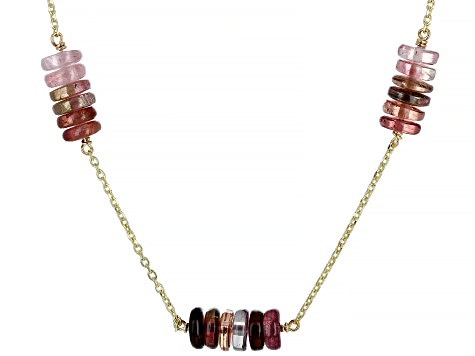 Pink Tourmaline 14k Gold Diamond Cut Cable Chain 5 Station Necklace 33ctw