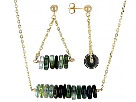 Green Tourmaline Rondelle 14k Gold Cable Chain Bar Necklace and Dangle Earring Set 27ctw