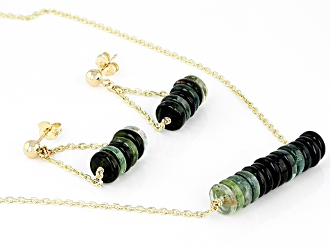 Green Tourmaline Rondelle 14k Gold Cable Chain Bar Necklace and Dangle Earring Set 27ctw